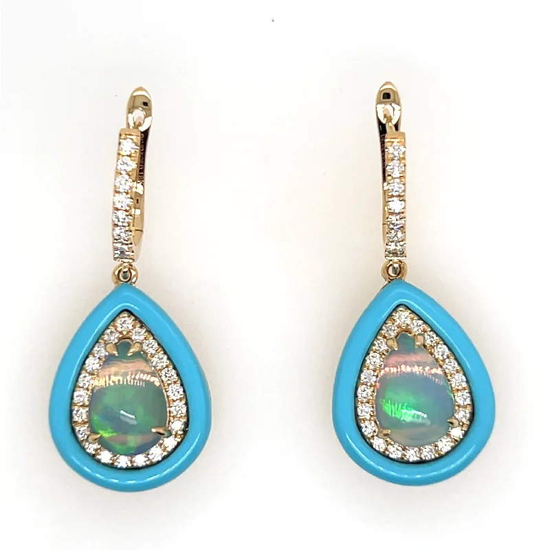 Gold Earrings for Teens-18K Yellow Gold Opal Turqoise and Diamond Earrings