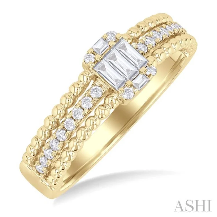 Elegant Wedding Ring for Bride-1/3 ctw Split Beaded Three Row Fusion Baguette and Round Cut Diamond Fashion Band in 14K Yellow Gold