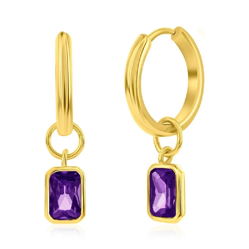 Pink Gemstone Earrings-YGP Sterling Huggie Earrings with Purple CZ Drop