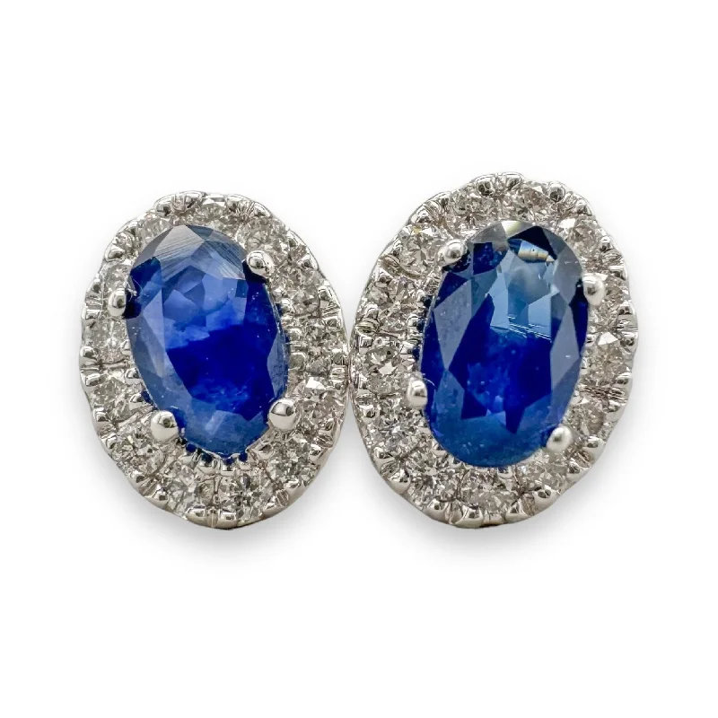 Vintage Earrings for Women-14K W Gold 0.18cttw Diamond 0.56cttw Sapphire Halo Earrings