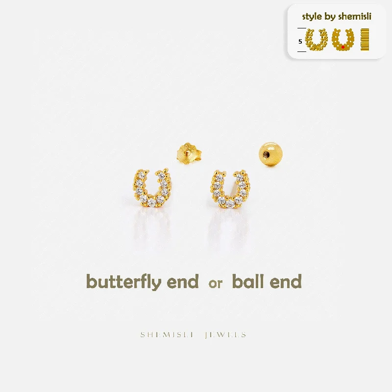 Gorgeous Stud Earrings-Tiny CZ Horseshoe Studs Earrings, Unisex, Gold, Silver SHEMISLI SS825 Butterfly End, SS826 Screw Ball End (Type A)