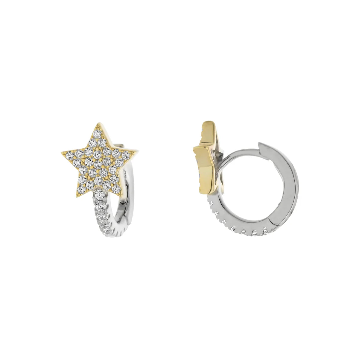 Gold Earrings for Teens-SS Two-Tone CZ Star Huggie Earrings