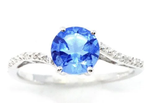 Wedding Ring for Bride-1.5 Ct Tanzanite & Diamond Round Ring .925 Sterling Silver Rhodium Finish