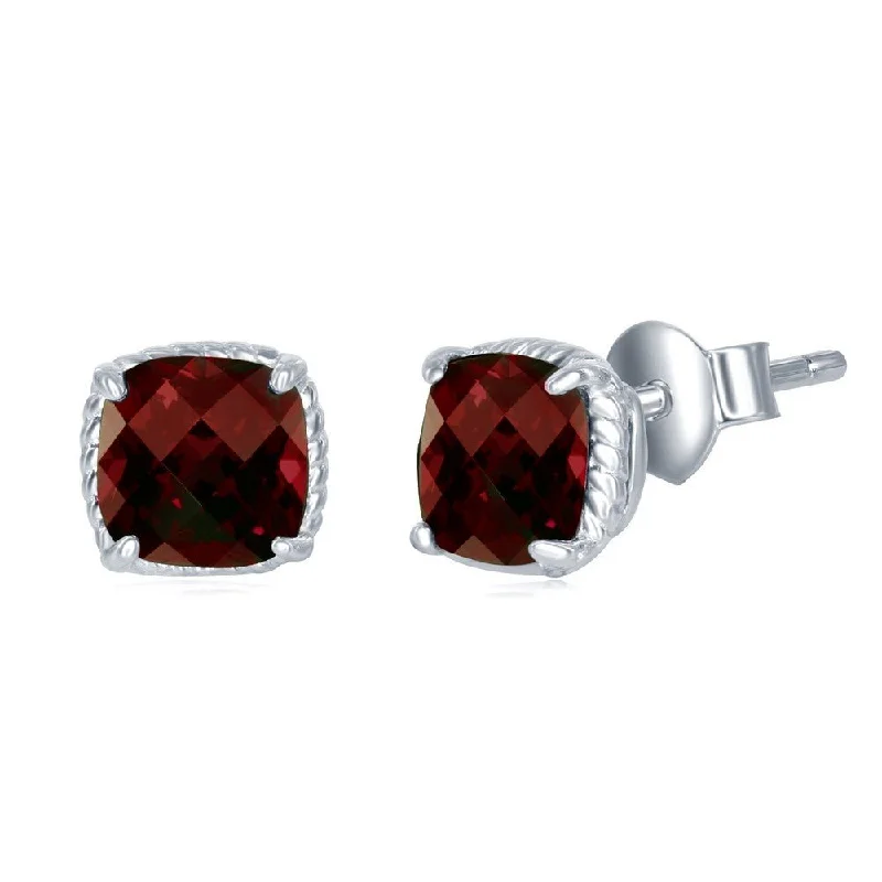 Elegant Wedding Earrings-SS 6mm Garnet Cushion Cut Stud Earrings