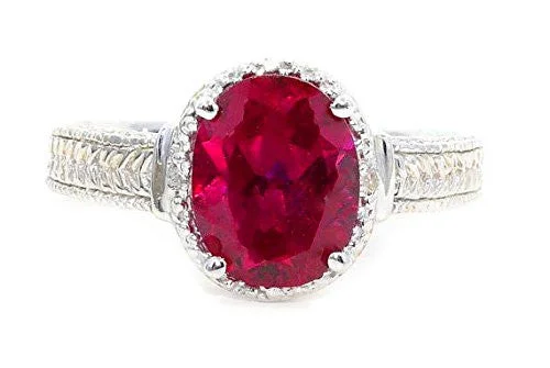 Personalized Name Ring-3 Ct Created Ruby & Diamond Oval Ring .925 Sterling Silver Rhodium Finish