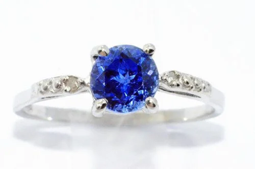 Elegant Gold Engagement Ring-1 Ct Created Blue Sapphire & Diamond Round Ring .925 Sterling Silver Rhodium Finish