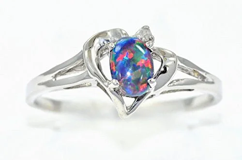 Wedding Ring for Special Occasions-6x4mm Black Opal & Diamond Oval Heart Ring .925 Sterling Silver Rhodium Finish