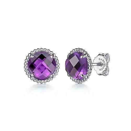 Fashionable Drop Earrings-SS 10mm Round Faceted Amethyst Earrings