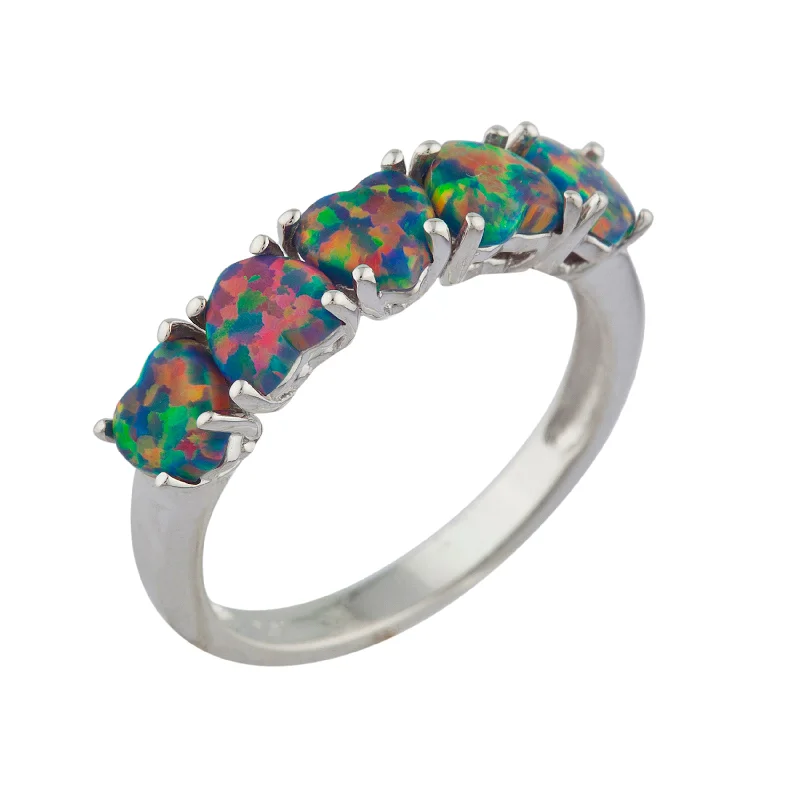 Birthstone Ring for Women-5 Hearts Black Opal Heart Ring .925 Sterling Silver Rhodium Finish