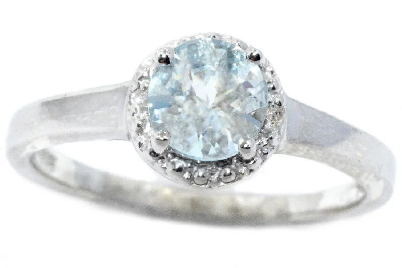 Promise Ring with Diamond-1 Ct Genuine Aquamarine & Diamond Ring .925 Sterling Silver Rhodium Finish