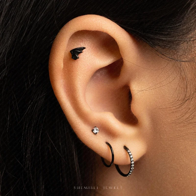 Fashion Earrings for Women-Tiny Black Bat Wing, Dragon Wing Threadless Flat Back Earrings, 20,18,16ga, 5-10mm Unisex, Surgical Steel SHEMISLI SS1121