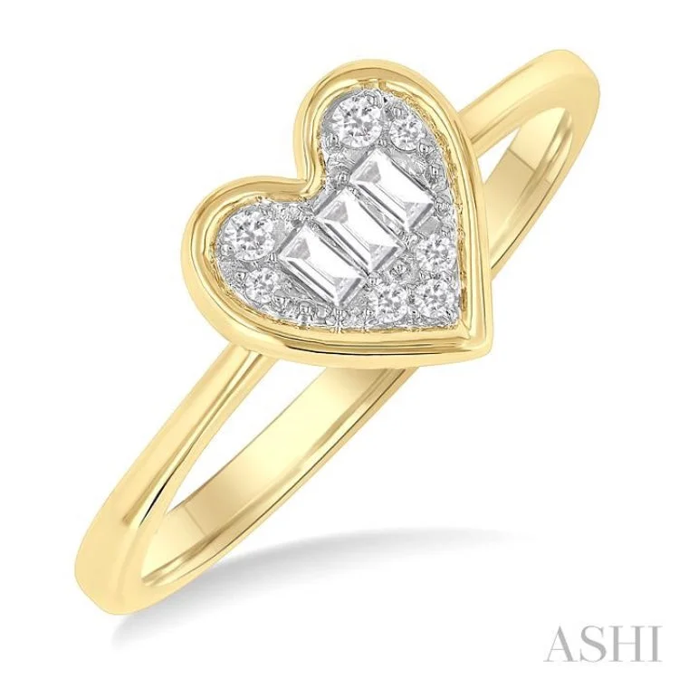 Unique Wedding Band with Diamonds-1/6 ctw Petite Bezel Set Heart Shape Fusion Baguette and Round Cut Diamond Fashion Ring in 10K Yellow Gold