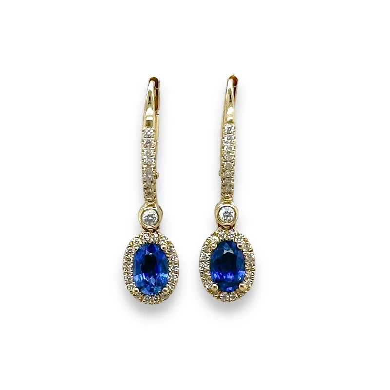 Small Hoop Earrings for Women-14K Y Gold 1.27ctw Sapphire and 0.26 Diamond Drop Earrings