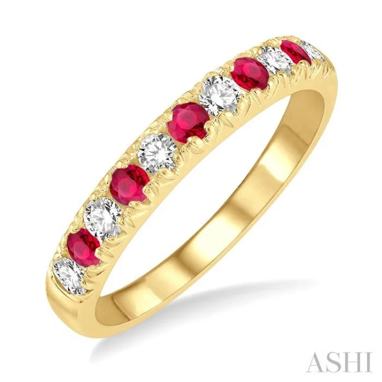 Promise Ring with Diamond-2.3 MM Ruby and 1/4 ctw Round Cut Diamond Precious Wedding Band in 14K Yellow Gold