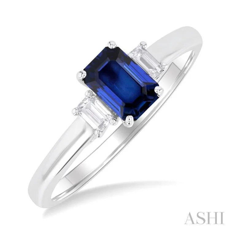 Modern Engagement Ring-6X4 MM Emerald Cut Sapphire and 1/5 ctw Diamond 3-Stone Precious Ring in 14K White Gold