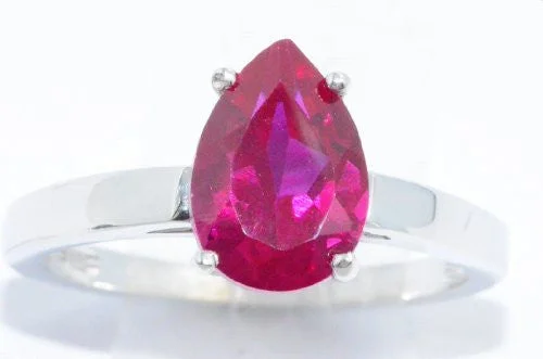 Personalized Gemstone Ring-2 Ct Created Ruby Pear Ring .925 Sterling Silver Rhodium Finish