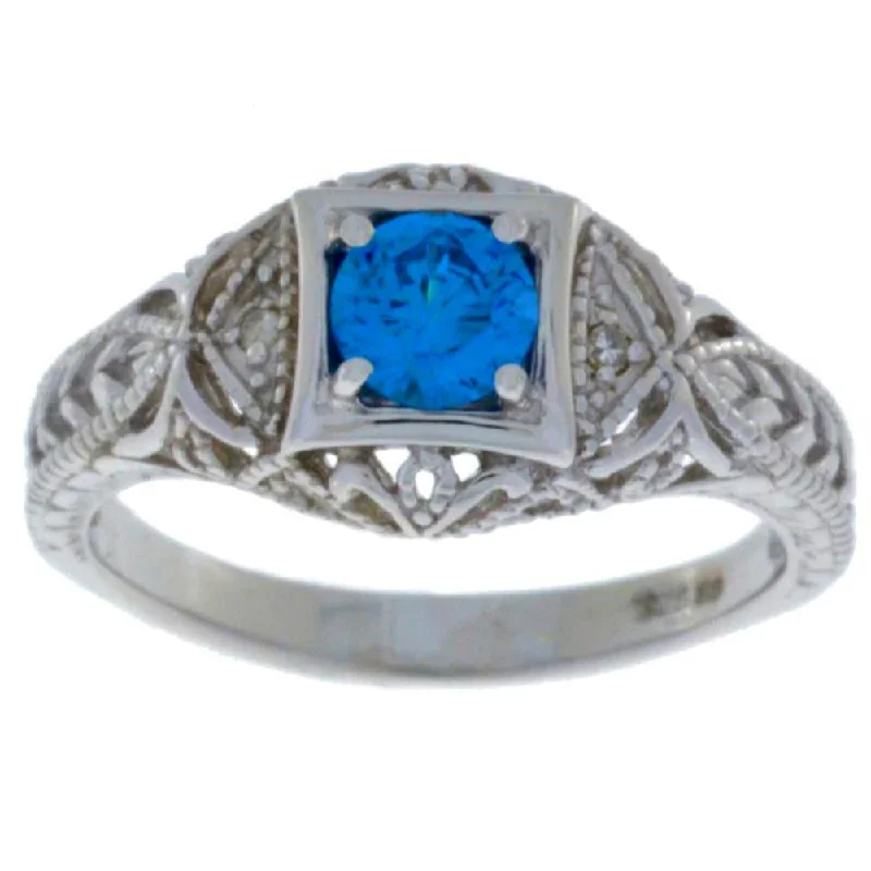 Wedding Rings for Couples-0.50 Ct Swiss Blue Topaz & Diamond Round Ring .925 Sterling Silver