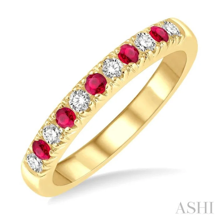 Gemstone Wedding Ring for Men-2 MM Ruby and 1/5 ctw Round Cut Diamond Precious Wedding Band in 14K Yellow Gold