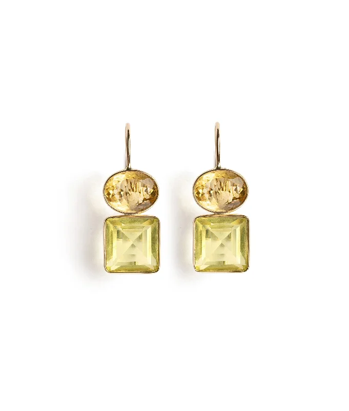 Minimalist Gold Earrings-14k Gold Duo Earrings in Citrine and Lemon Quartz