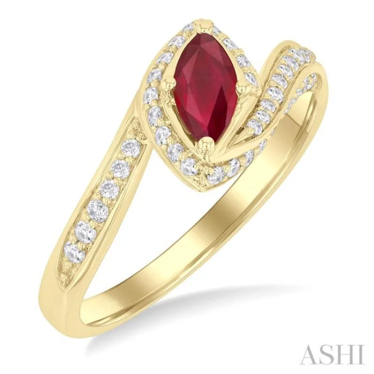 Custom Sapphire Wedding Ring-7X3.5 MM Ruby Marquise Cut and 1/4 ctw Bypass Round Cut Diamond Precious Ring in 10K Yellow Gold