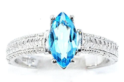 Stunning Gold Ring for Women-1 Ct Blue Topaz Marquise Ring .925 Sterling Silver Rhodium Finish