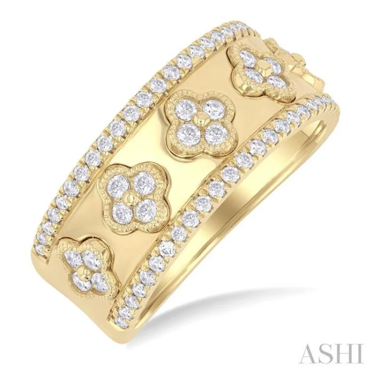 Silver Ring with Diamonds-5/8 ctw Clover Motif Round Cut Diamond Wide Fashion Band in 14K Yellow Gold