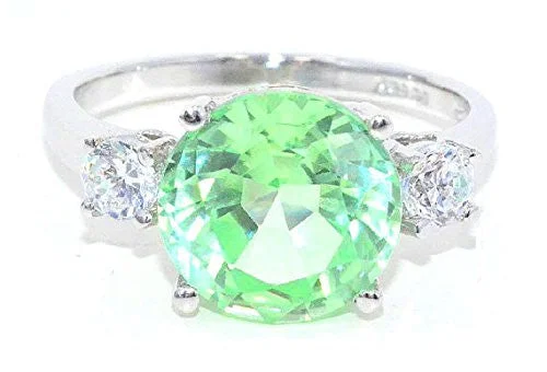 Custom Name Ring-4 Ct Green Sapphire & White Topaz Round Ring .925 Sterling Silver Rhodium Finish