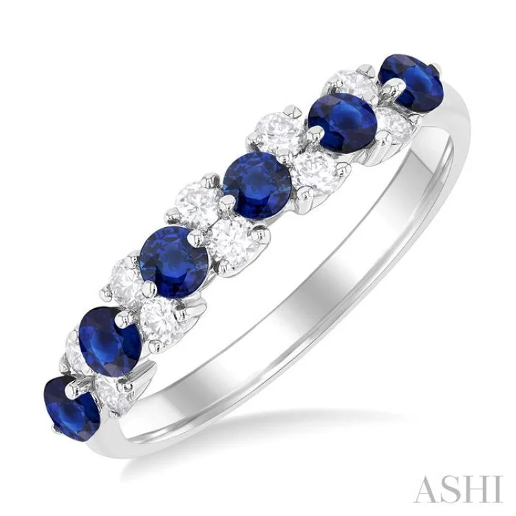 Unique Diamond Ring-2.7 MM Sapphire and 1/3 ctw Round Cut Diamond Precious Band in 14K White Gold