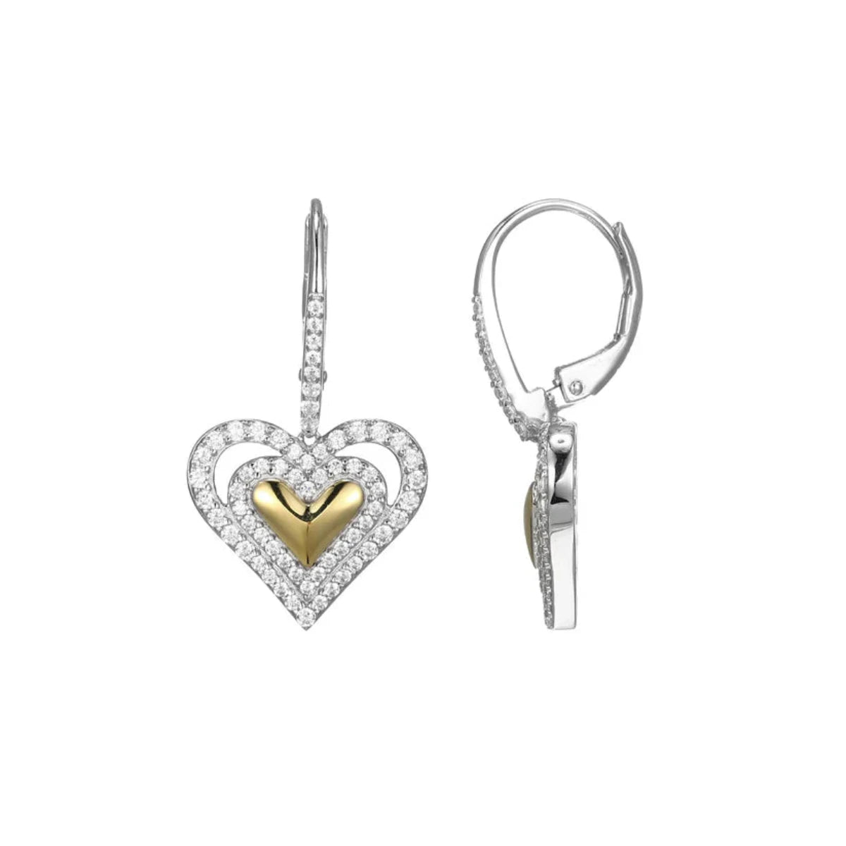 Chic Earrings for Women-SS Two-Tone CZ Heart Drop Earrings