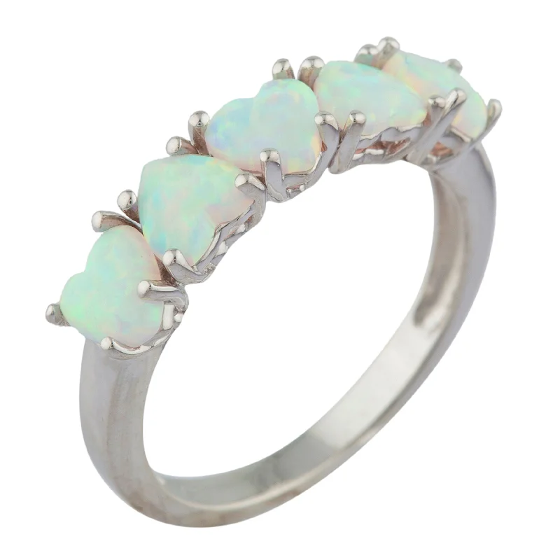 Stunning Wedding Ring Set for Women-5 Hearts Opal Heart Ring .925 Sterling Silver Rhodium Finish