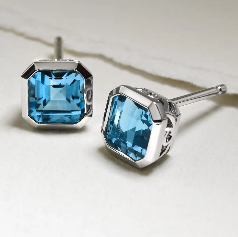 Retro Earrings for Women-Octagonal Blue Topaz Studs