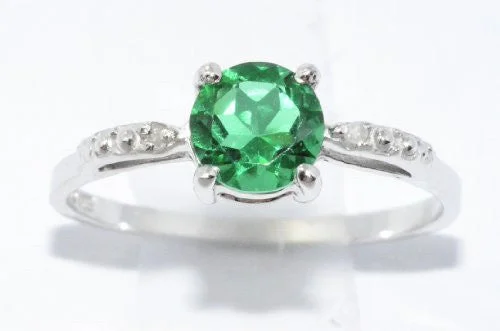 Custom Sterling Silver Ring-1 Ct Created Emerald & Diamond Round Ring .925 Sterling Silver Rhodium Finish