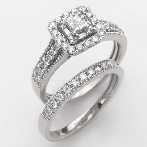 Custom Engagement Ring Set for Women-14KW 0.95CTW PRINCESS CUT DIAMOND BRIDAL SET