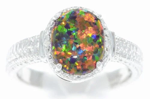 Luxury Sapphire Engagement Ring-10x8mm Black Opal & Diamond Oval Ring .925 Sterling Silver Rhodium Finish