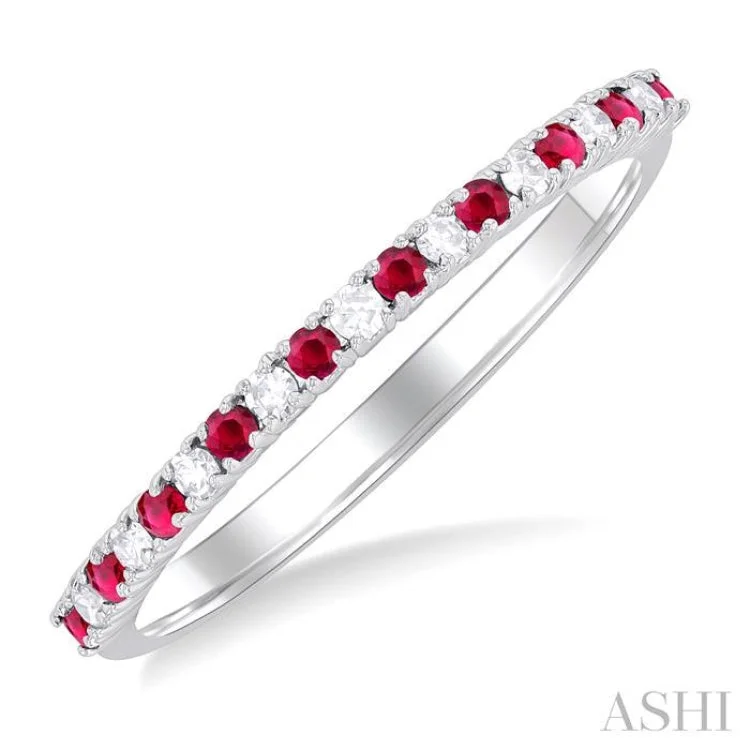 Classic Ring for Women-1.35 MM Round Shape Ruby and 1/10 ctw Petite Round Cut Diamond Precious Stack Band in 10K White Gold