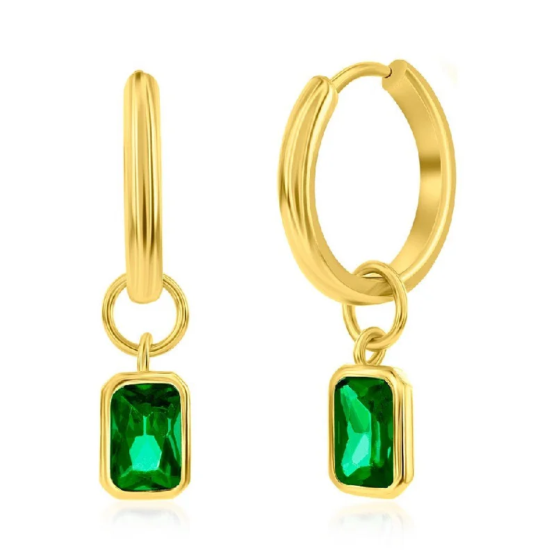 Dazzling Drop Earrings-YGP Sterling Huggie Earrings with Green CZ Drop