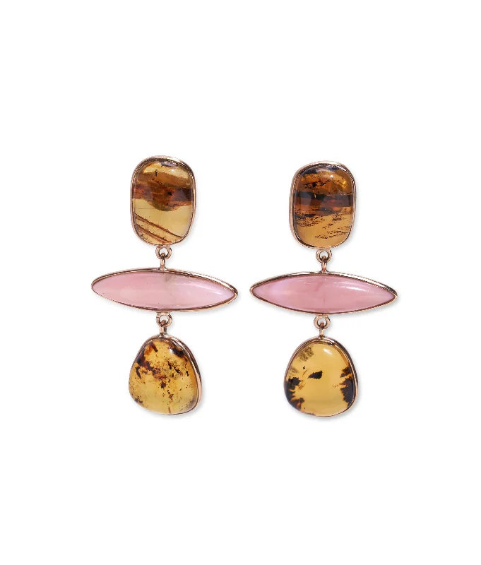 Bridal Earrings with Diamonds-14k Gold Amber & Pink Opal Earrings