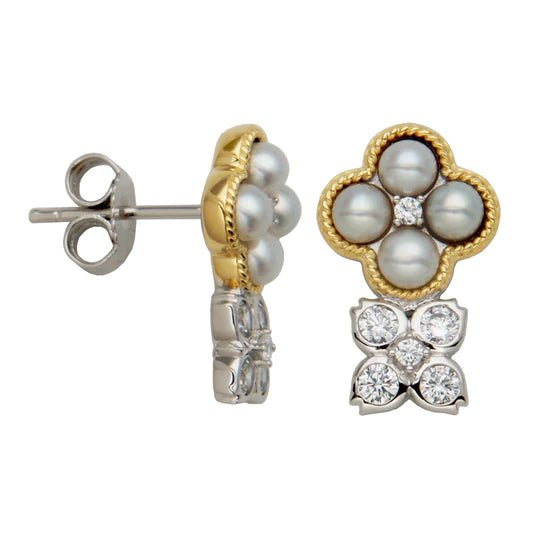 Luxury Drop Earrings for Weddings-SS Two-Tone CZ and Pearl Earrings