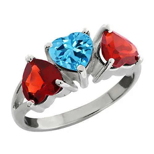 Custom Name Ring-3 Ct Garnet & Blue Topaz Heart Ring .925 Sterling Silver Rhodium Finish