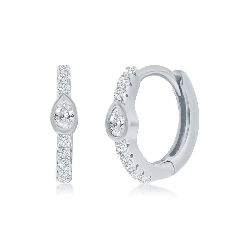 Small Dangle Earrings-SS 11MM Center Pear Shape CZ Huggie Hoop Earrings