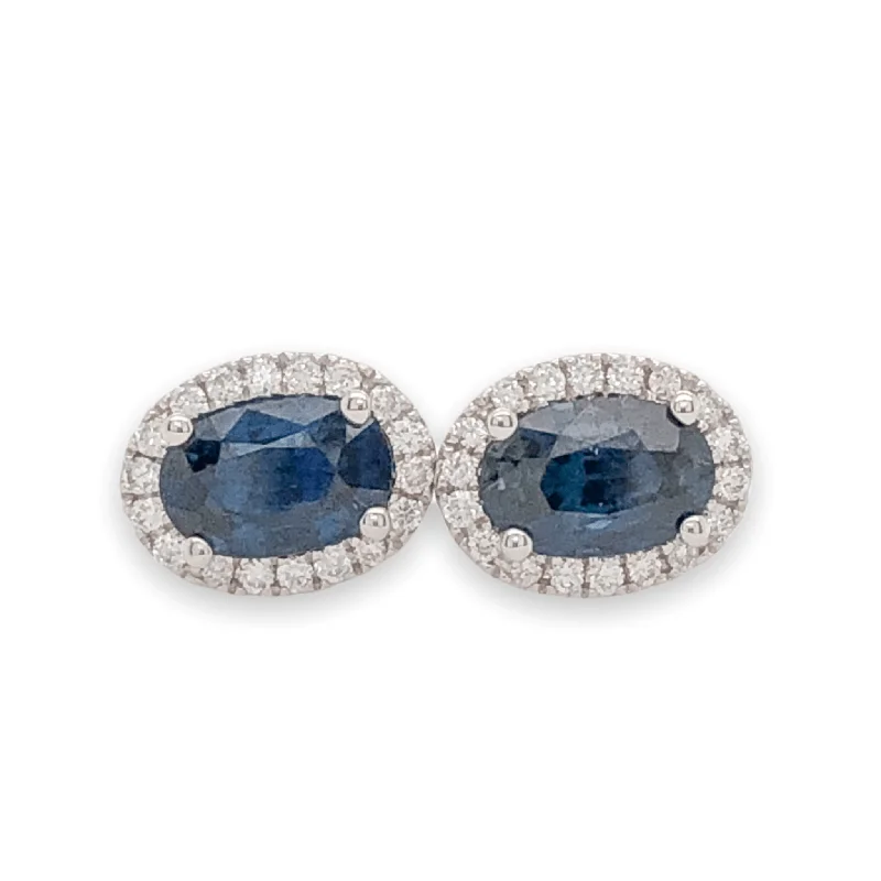 Classic Round Earrings-14K W Gold 1.22cttw Sapphire & 0.15cttw H/SI1-2 Diamond Halo Oval Stud Earrings