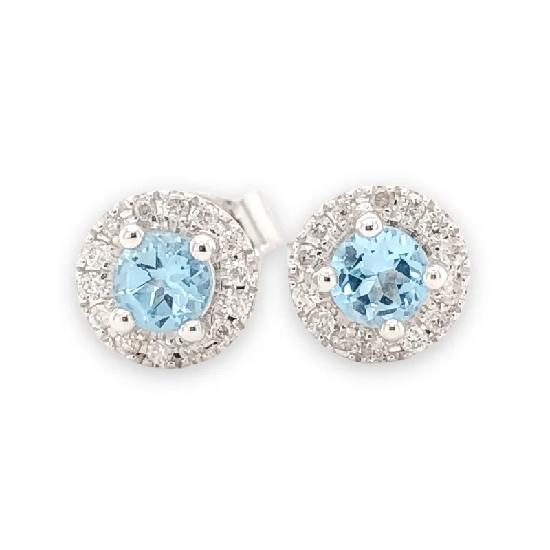 Luxury Diamond Earrings-14K W Gold 0.10cttw Diamond 0.30cttw Blue Topaz Round Halo Earrings