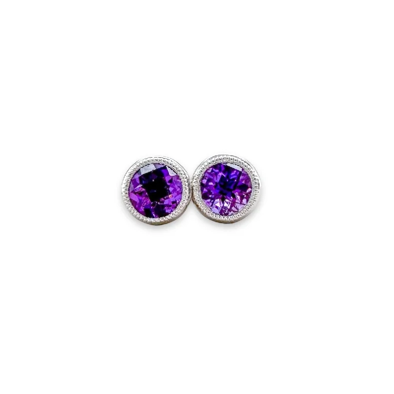 Diamond Hoop Earrings-14K W Gold 0.48ctw 5mm Bezel Set Round Amethyst Earrings