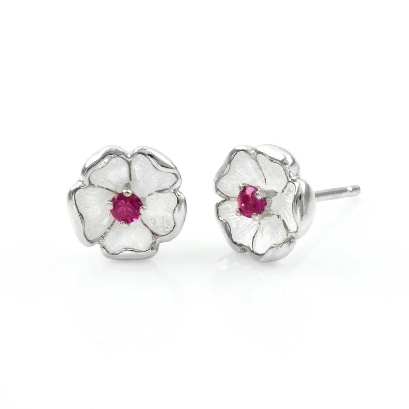 Artistic Drop Earrings-French Enamel and Ruby Flower Earrings