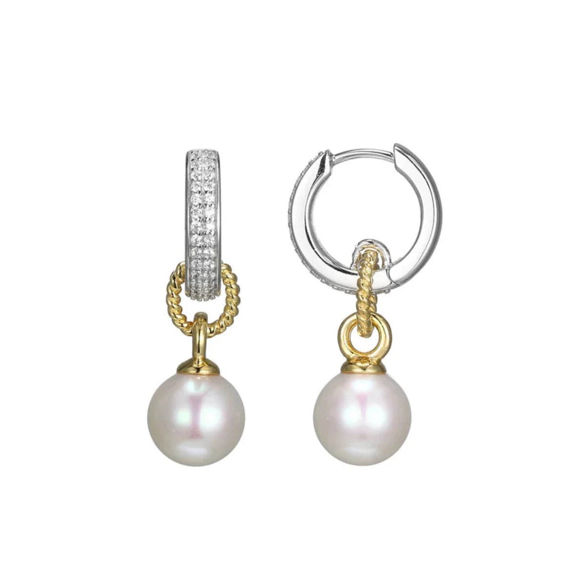 Stud Earrings for Women-SS Two-Tone CZ and Pearl Drop Hoop Earrings