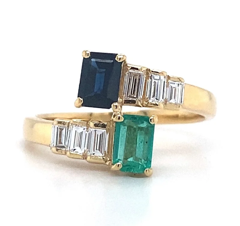 Gemstone Ring for Women-18K Yellow Gold Emerald, Sapphire & Diamond Fashion Bypass Ring