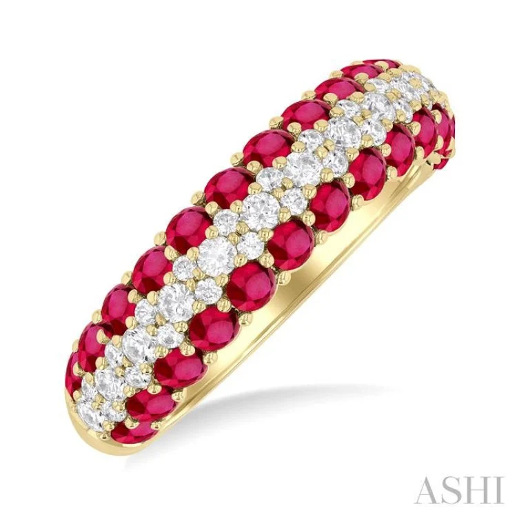 Simple Silver Ring-2.4 MM Center Border Round Shape Ruby and 1/2 ctw Round Cut Diamond Precious Band in 14K Yellow Gold