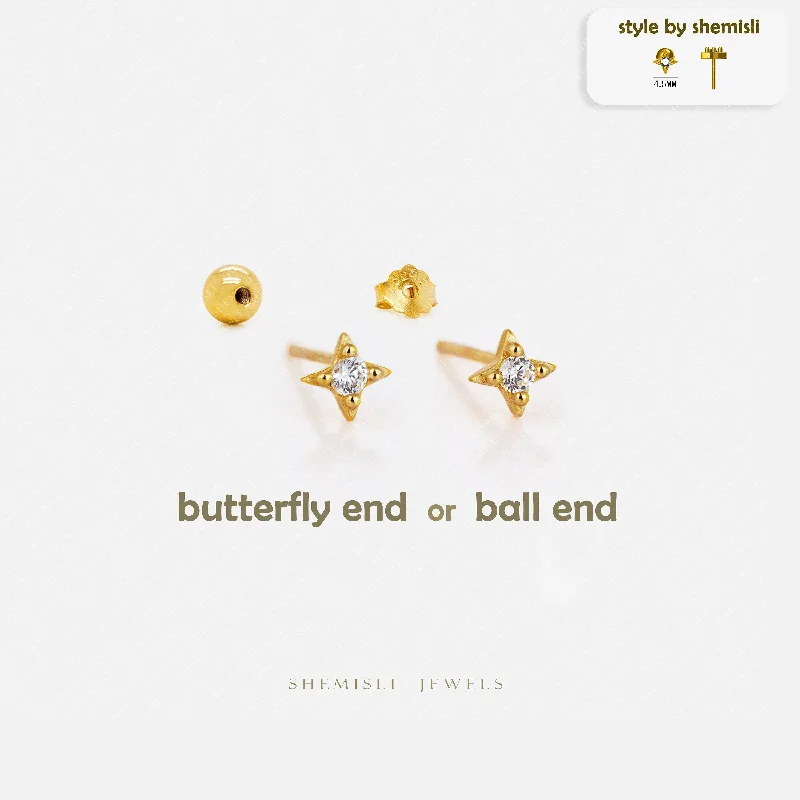 Cute Butterfly Earrings-Tiny White Stone 4 Point Star Studs Earrings, Celestial Earrings, Unisex, Gold, Silver SHEMISLI - SS863 Butterfly End, SS864 Screw Ball End