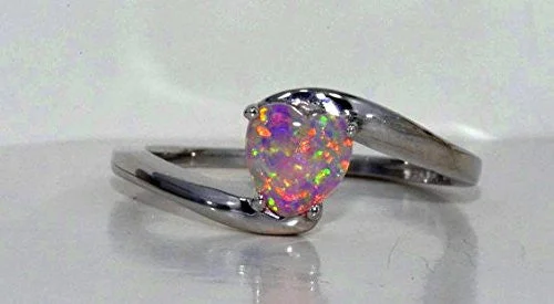 Classic Silver Wedding Ring-6mm Pink Opal Heart Ring .925 Sterling Silver Rhodium Finish