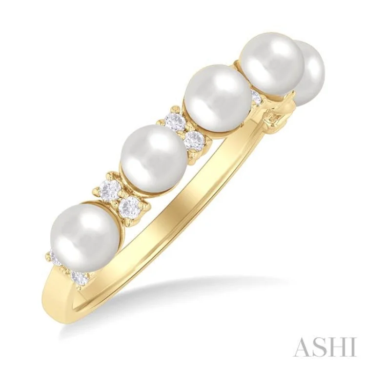 Beautiful Diamond Ring-1/6 ctw White 4X4 MM Cultured Pearl and Round Cut Diamond Semi Precious Fashion Ring in 10K Yellow Gold